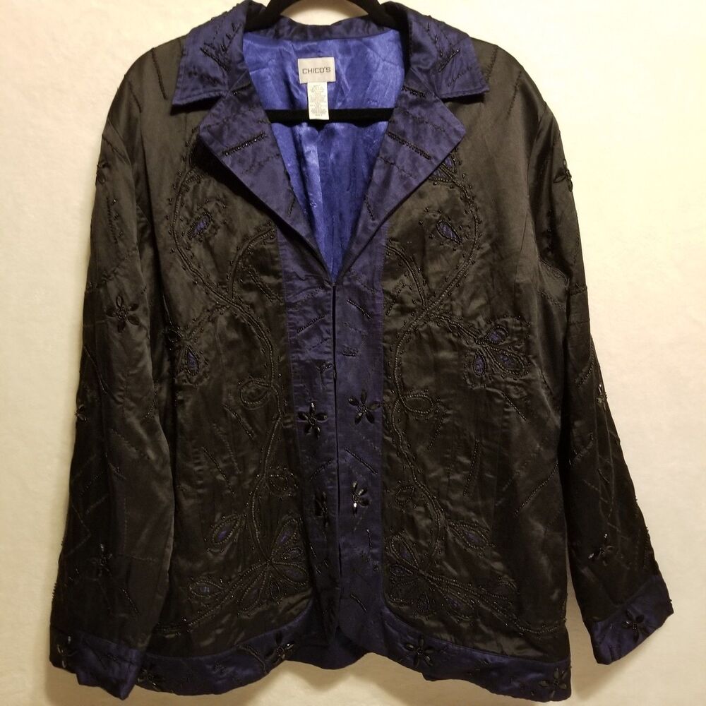 Chicos 3 (XL) Blazer Silk Blend Beaded Embroidered Black Blue Whimsigoth Witchy